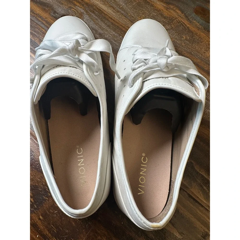 Vionic Keke White Leather Ribbon Lace Up Sneakers TVW5371 Women's Size 11 Shes